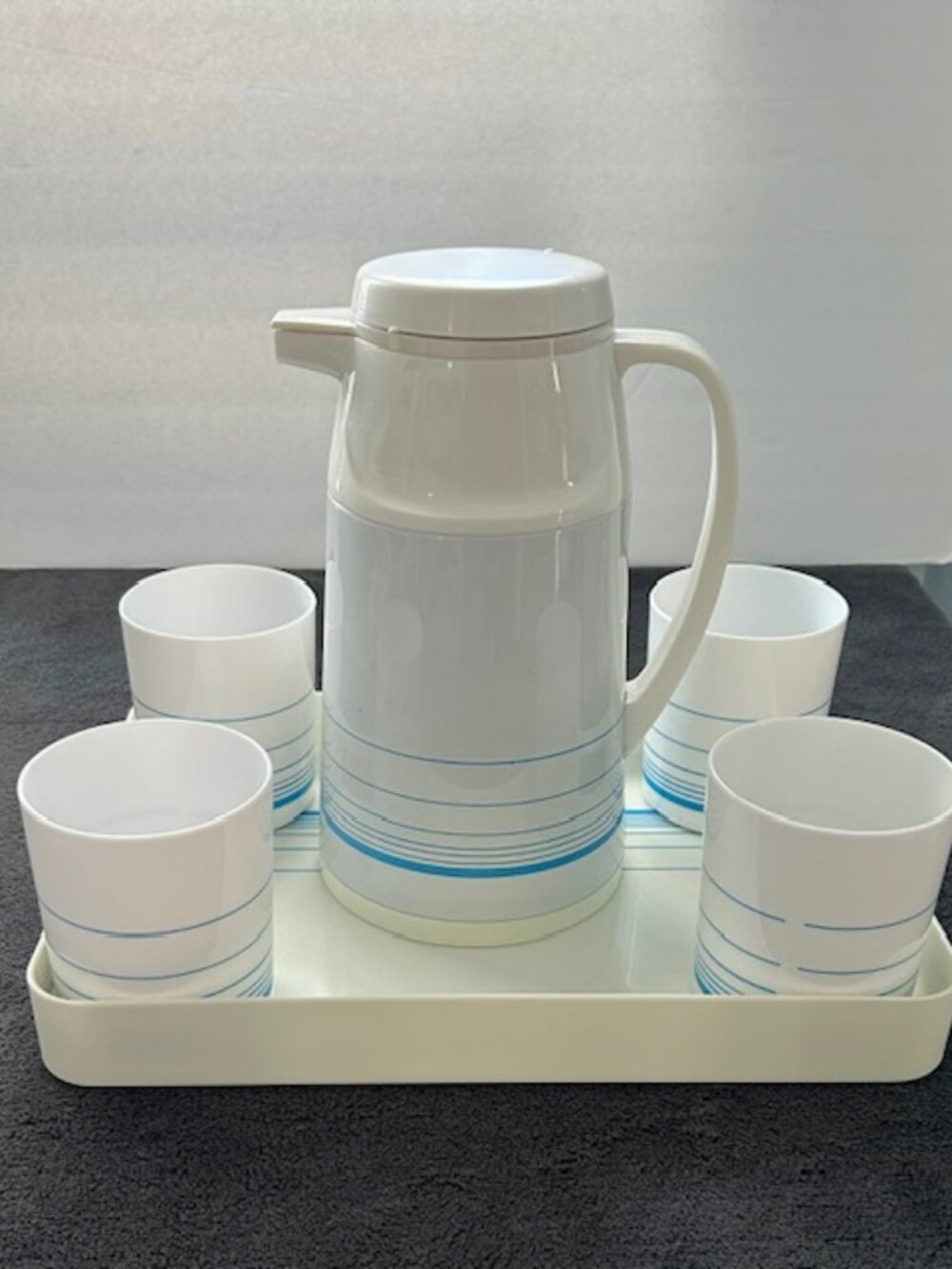 MCM Blue Stripe Carafe, Cups and Tray Cafe Set